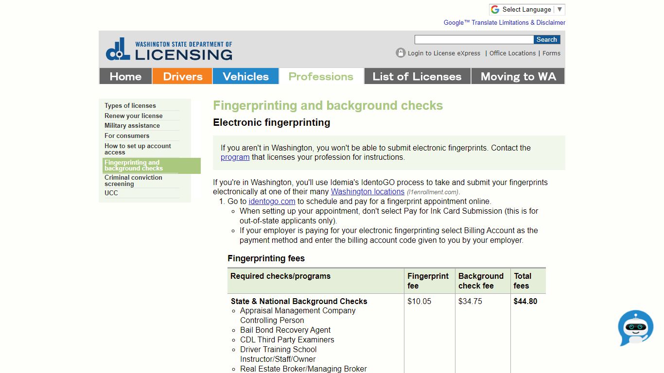Fingerprinting and background checks - Washington